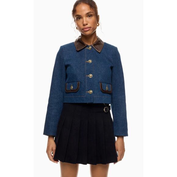 Sandro Blue Denim Jacket With Leather Collar - Picture 1 of 12